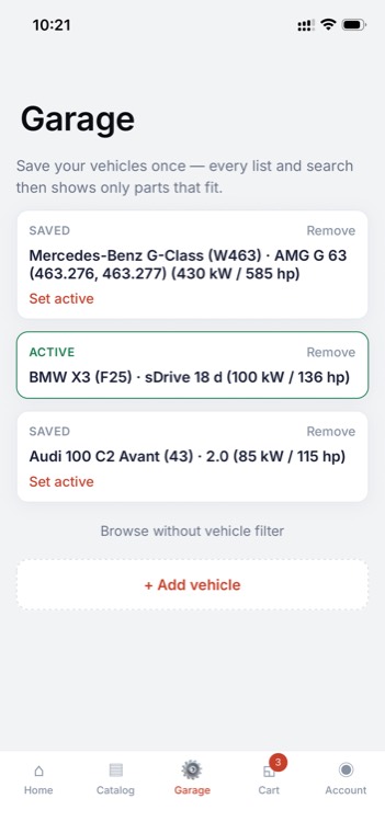 The Motarix garage screen, listing saved vehicles down to the engine variant