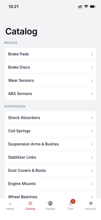 The Motarix catalogue screen showing brake and suspension departments