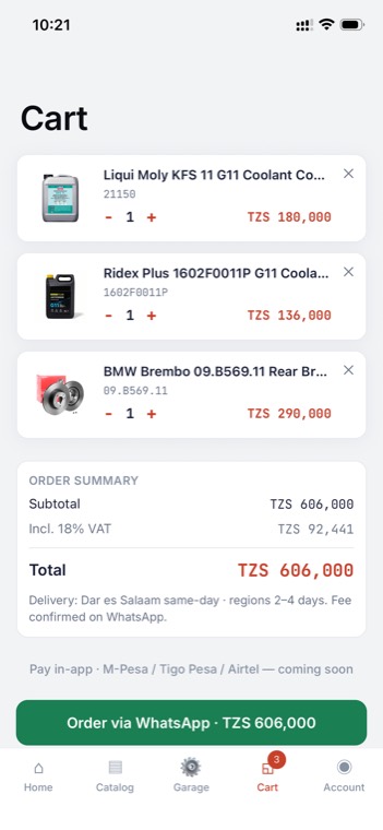 The Motarix basket screen with the order ready to hand to WhatsApp