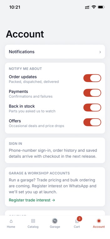 The Motarix account screen, showing orders, garage and support